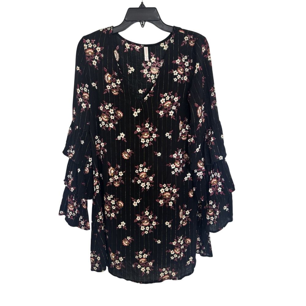 Black Long Tiered Bell Sleeve Sheer Floral Dress S Whimsigoth Dark Romance